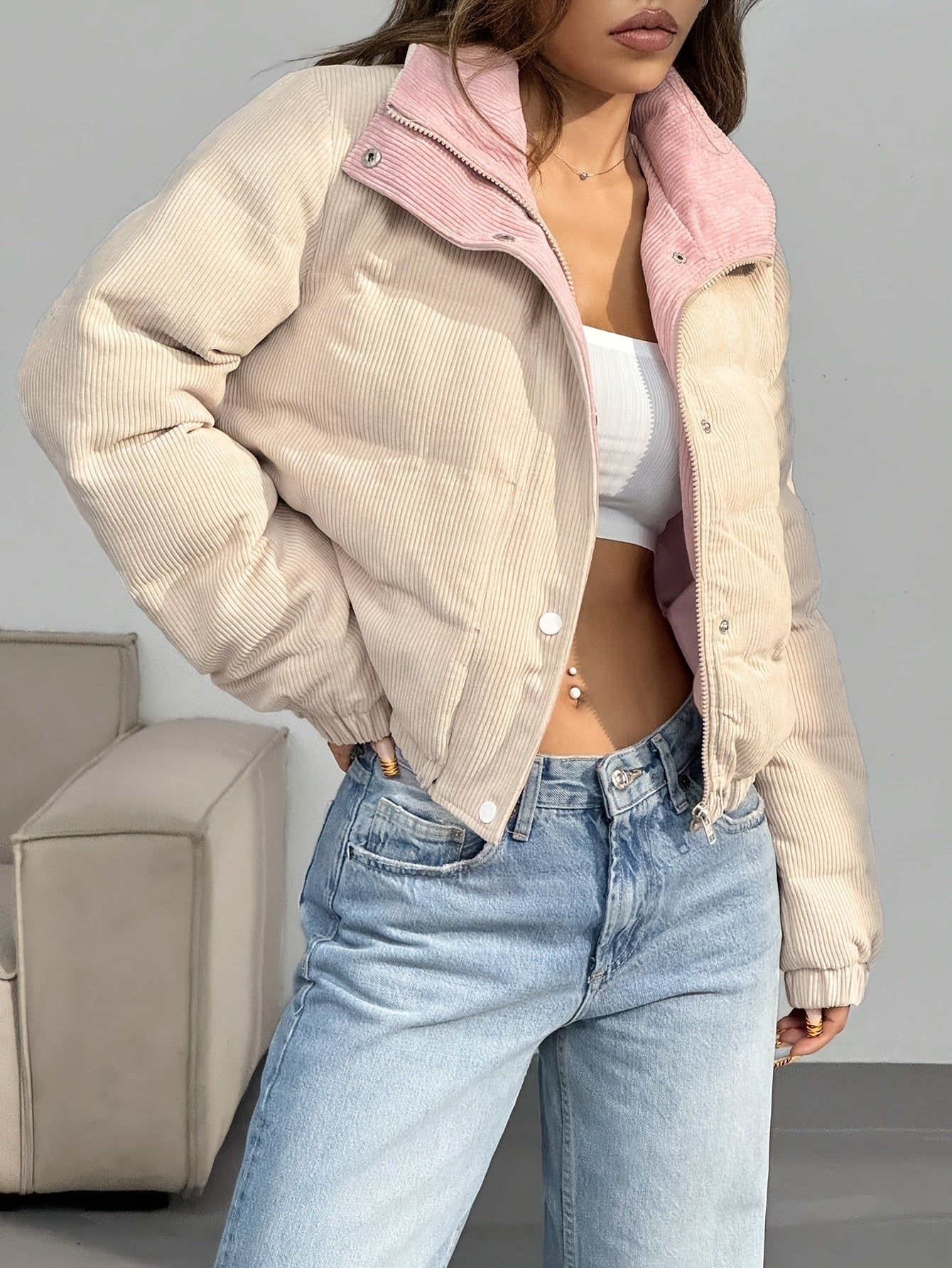 Damen Cord Pufferjacke Kurz Reverskragen Beige Rosa
