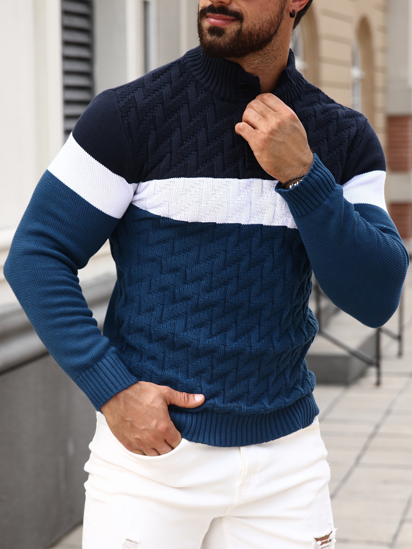 Herren Grobstrick Pullover mit Stehkragen & Knopfleiste, Farbblock-Design, Langarm