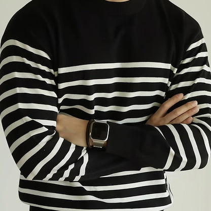 Striped men's long-sleeve crew-neck shirt, black and white