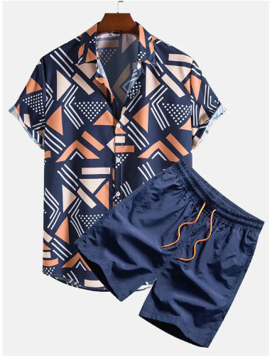 Men's Summer Casual Two-Piece with Abstract Print – Fashionable Short-Sleeve Shirt & Shorts Set for Vacation and Everyday Wear