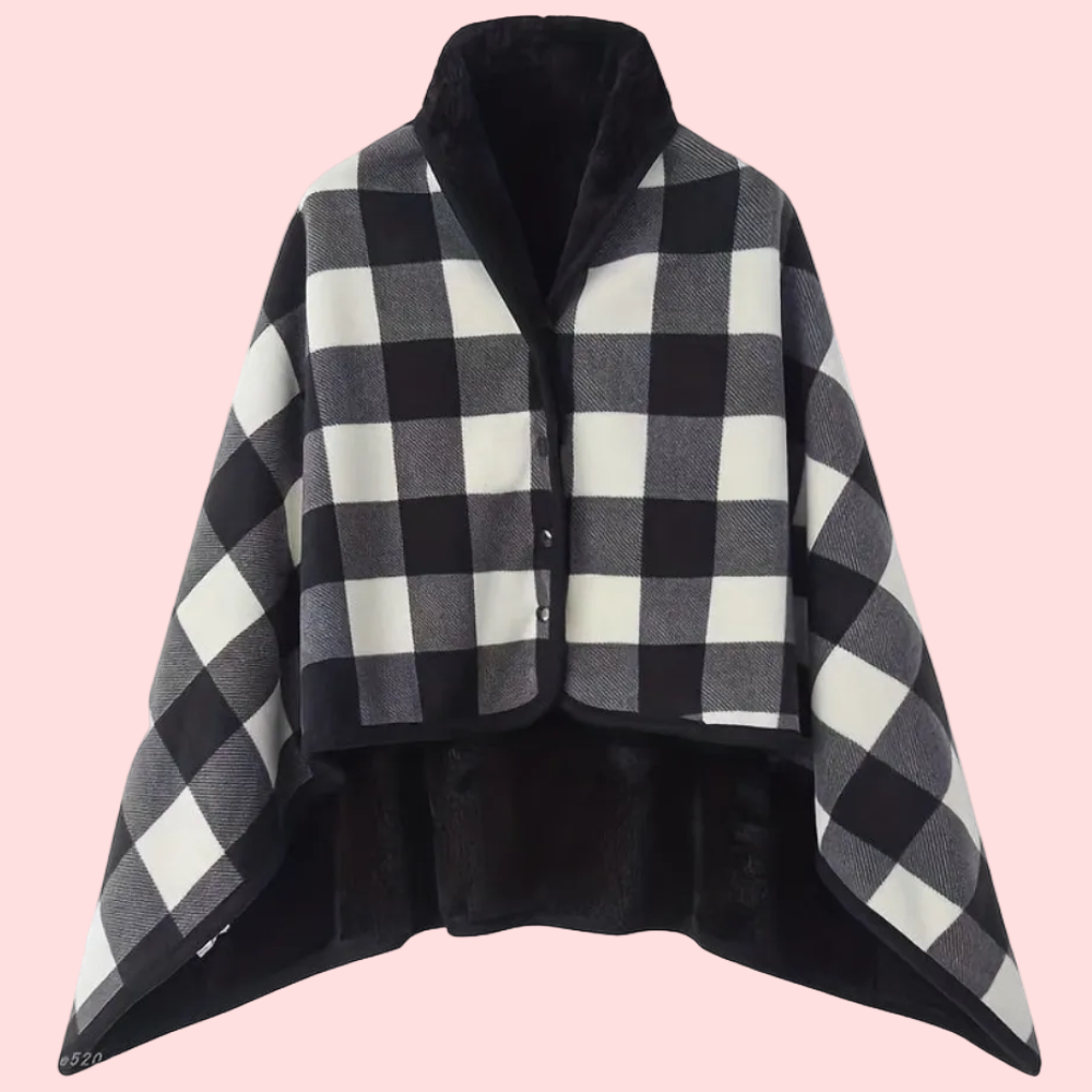 Women's Plaid Snap Button Fleece-Lined Poncho Cape