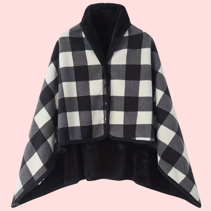 Women's Plaid Snap Button Fleece-Lined Poncho Cape