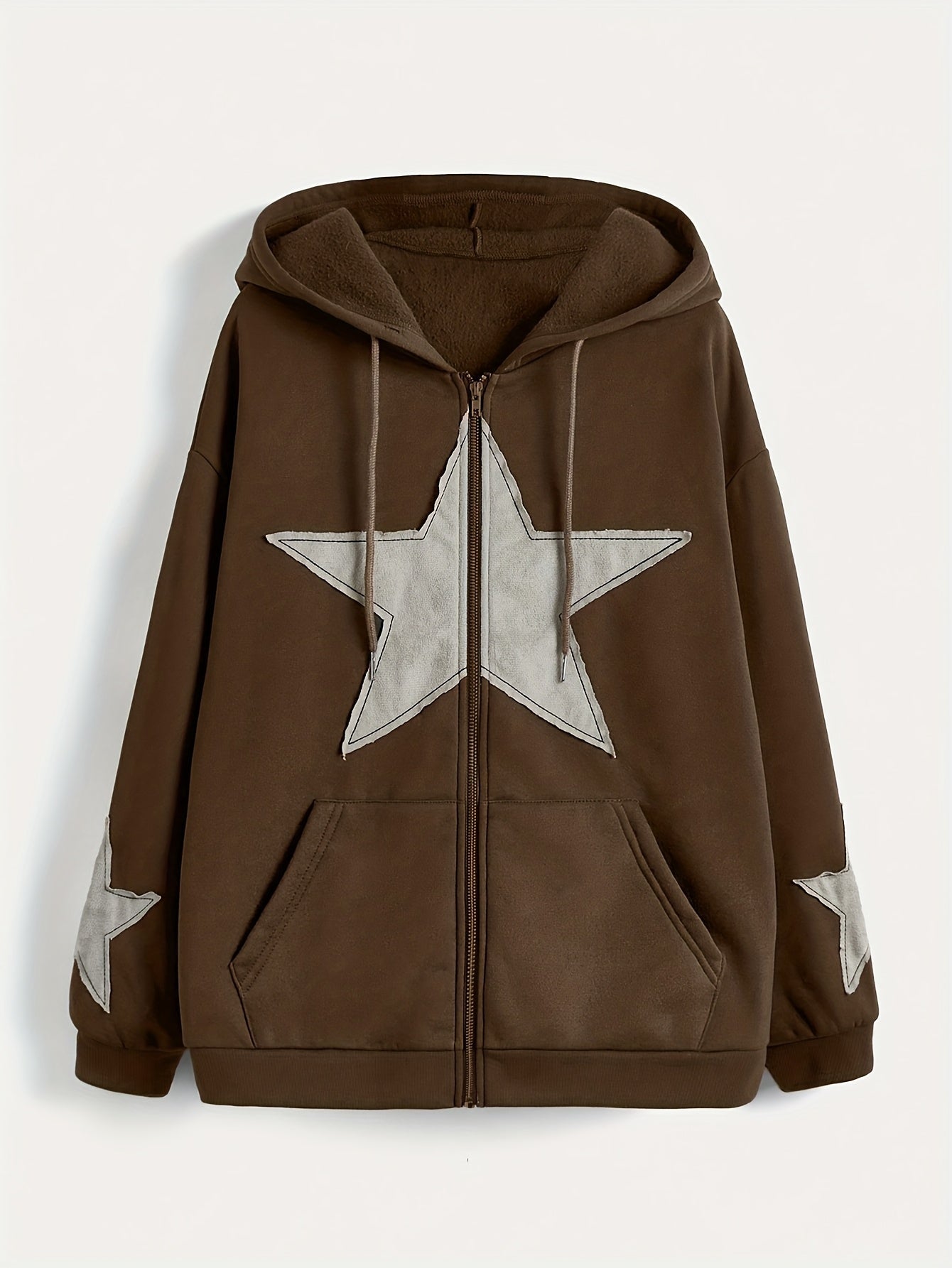 Unisex Kapuzenjacke mit Reißverschluss, Oversize, Stern-Applikationen, Kordelzug, Kängurutaschen