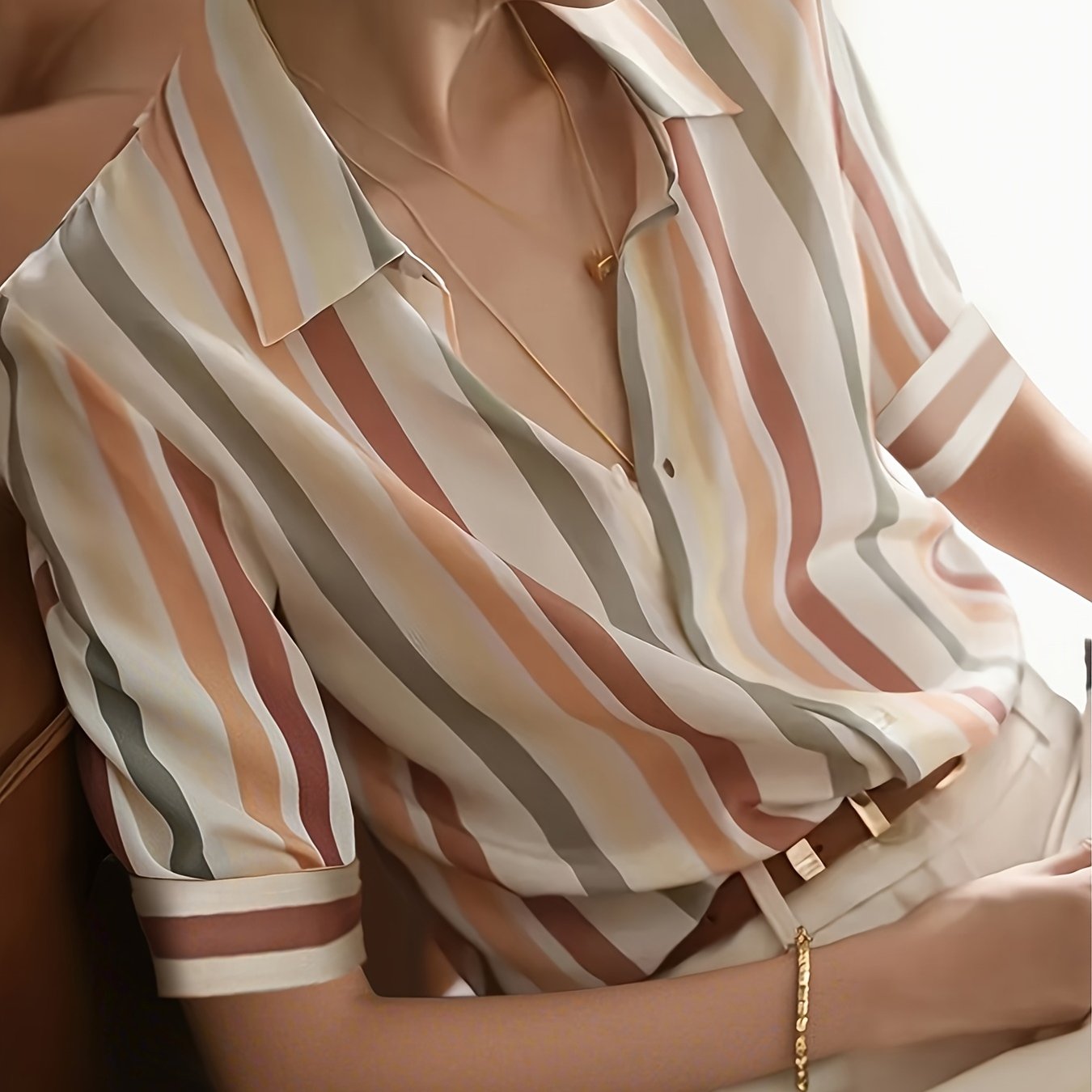 Women's Blouse Elegant Striped Short Sleeve Office Casual Style