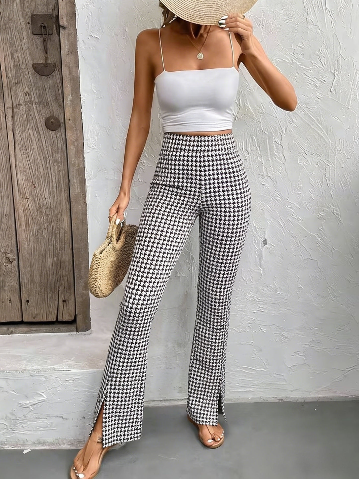 Women's Elegant Houndstooth Flared Pants with Slit – Perfect for Going Out and Everyday Wear