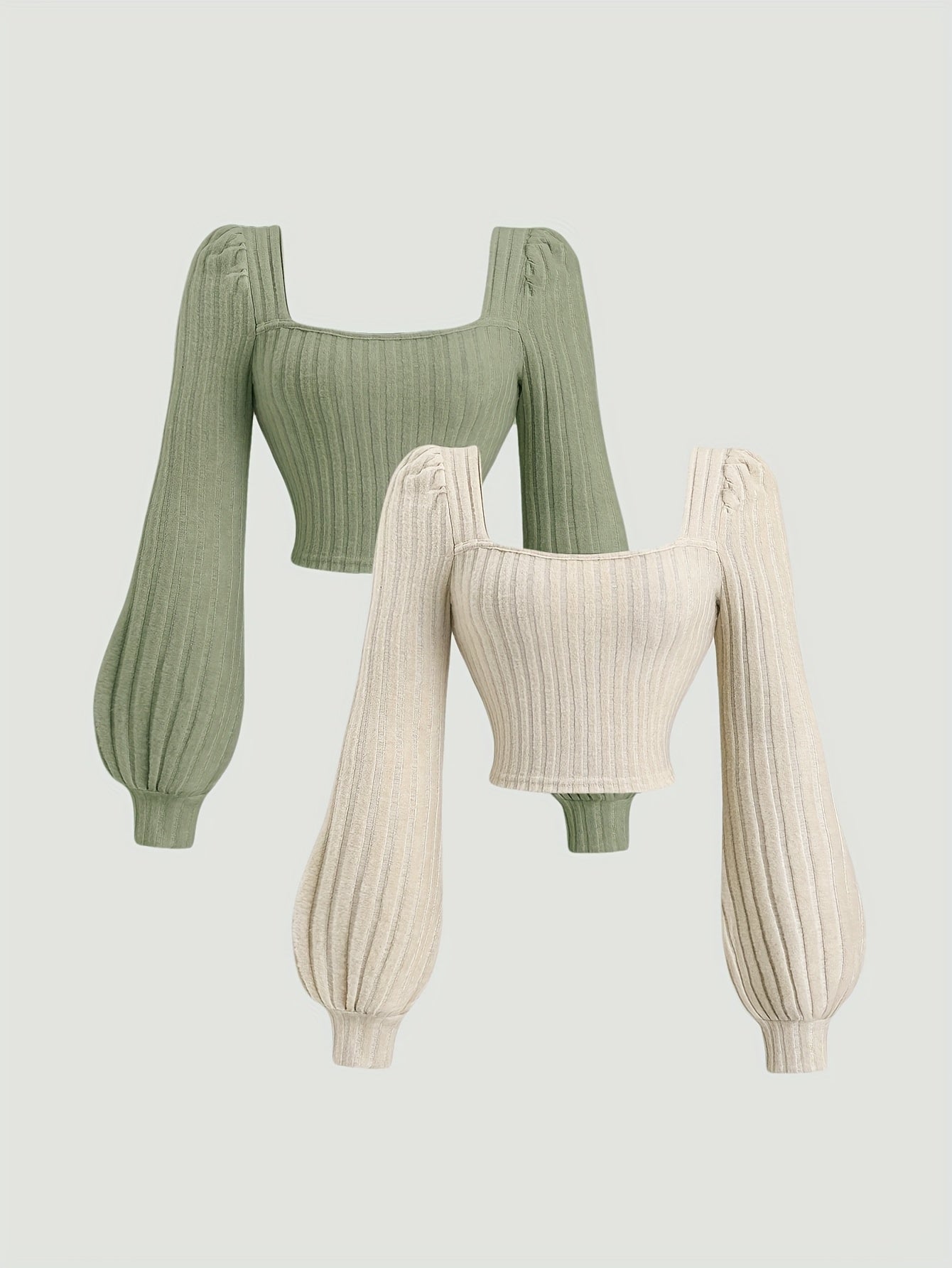 Geripptes Damen Crop-Top mit Puffärmeln und eckigem Ausschnitt