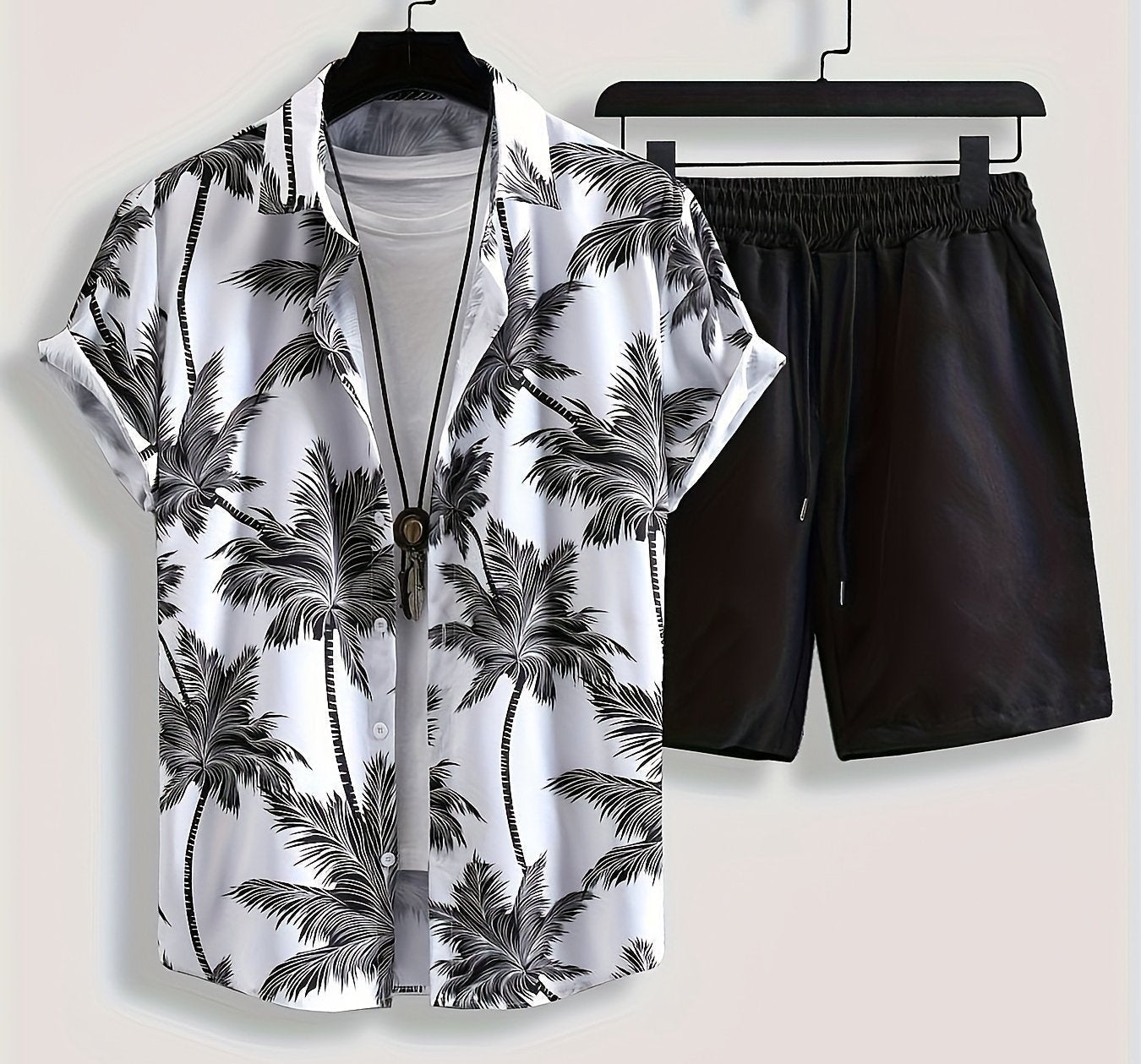 Herren Sommer-Set Kurzarm Hawaiihemd und Shorts – Palmenmuster, Freizeit, Urlaub, Strandmode