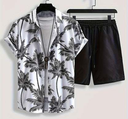 Herren Sommer-Set Kurzarm Hawaiihemd und Shorts – Palmenmuster, Freizeit, Urlaub, Strandmode