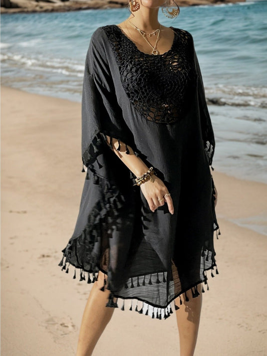 Women's Boho Beach Poncho Kaftan with Crochet Detail and Tassels – Perfect as a Beach Cover-Up