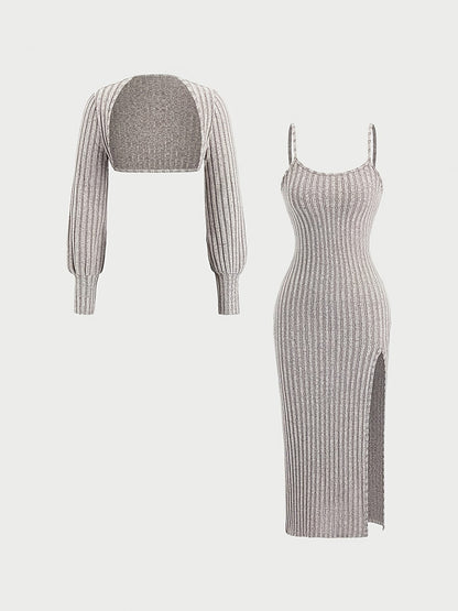 Women's ribbed spaghetti-strap dress and bolero knit set with side slit