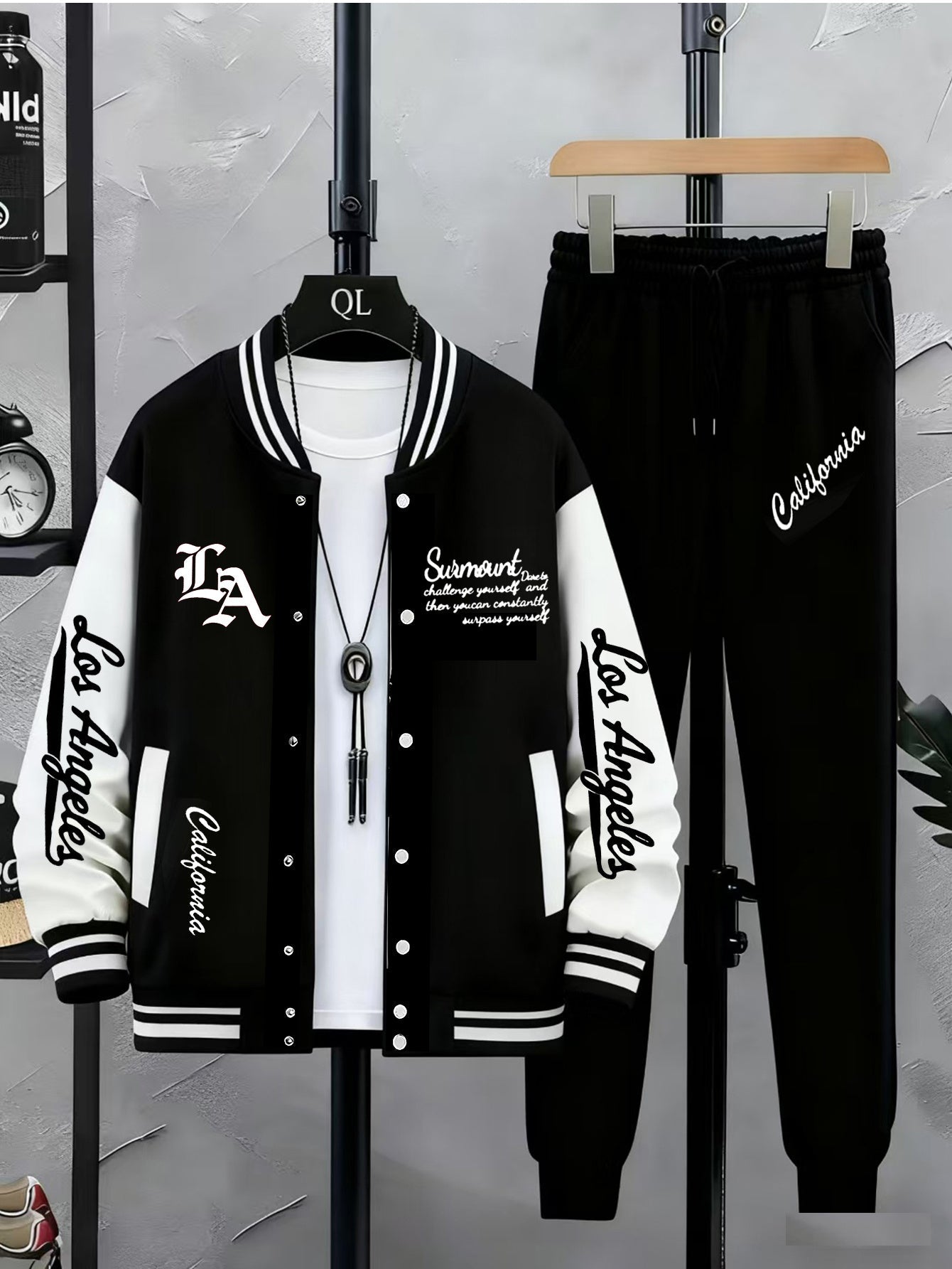 Unisex tracksuit set with baseball jacket and jogging pants, college-style streetwear