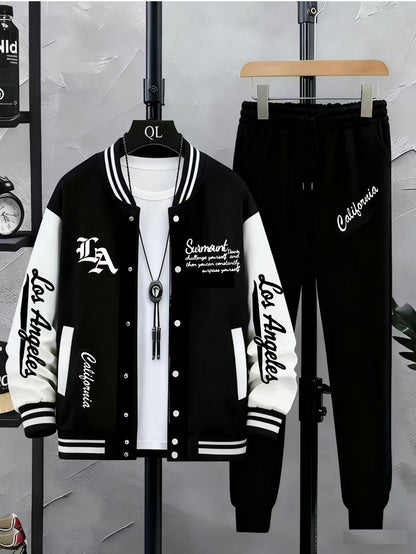 Unisex tracksuit set with baseball jacket and jogging pants, college-style streetwear