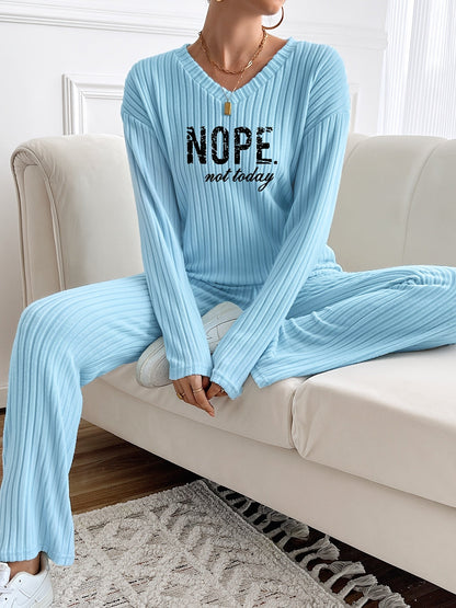 Ribbed women’s two-piece set with a V-neck top featuring lettering and wide-leg pants
