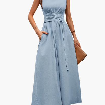 Women's Elegant Sleeveless Jumpsuit with Tie Belt and Wide Legs – Perfect for Summer and Leisure