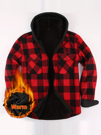Men's checked flannel shirt with hood, lined, warm casual jacket, long sleeve