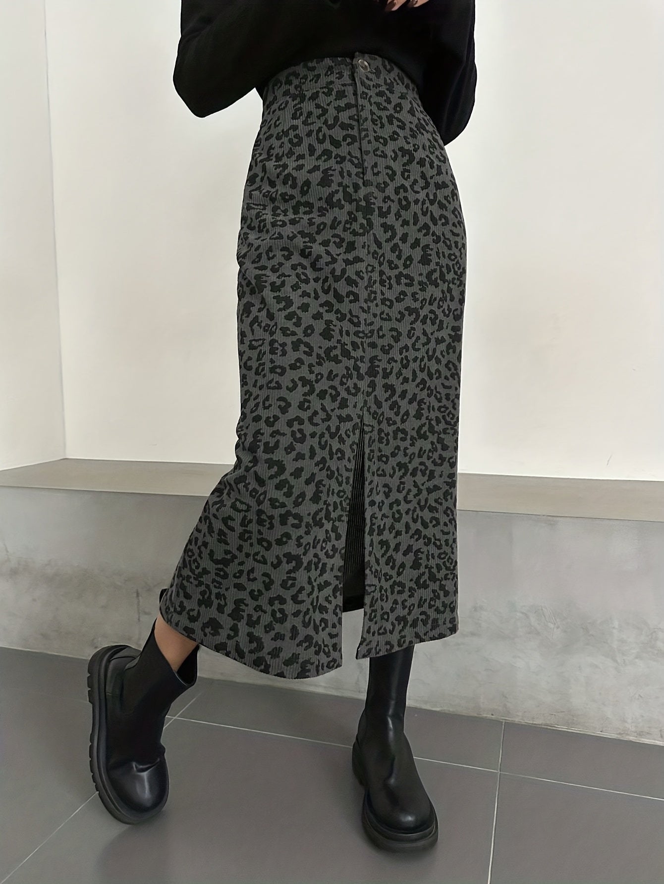 Damen Maxi Rock Leopard Print Rippstrick Schlitz