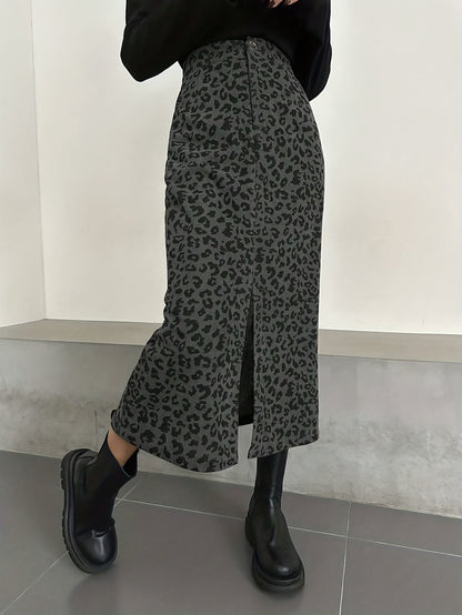 Damen Maxi Rock Leopard Print Rippstrick Schlitz