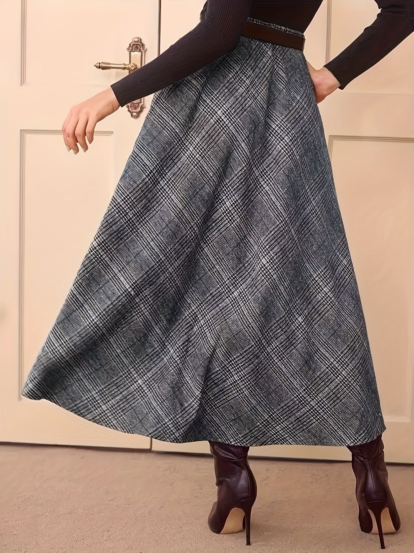 Women's plaid maxi skirt, A-line, high-waisted
