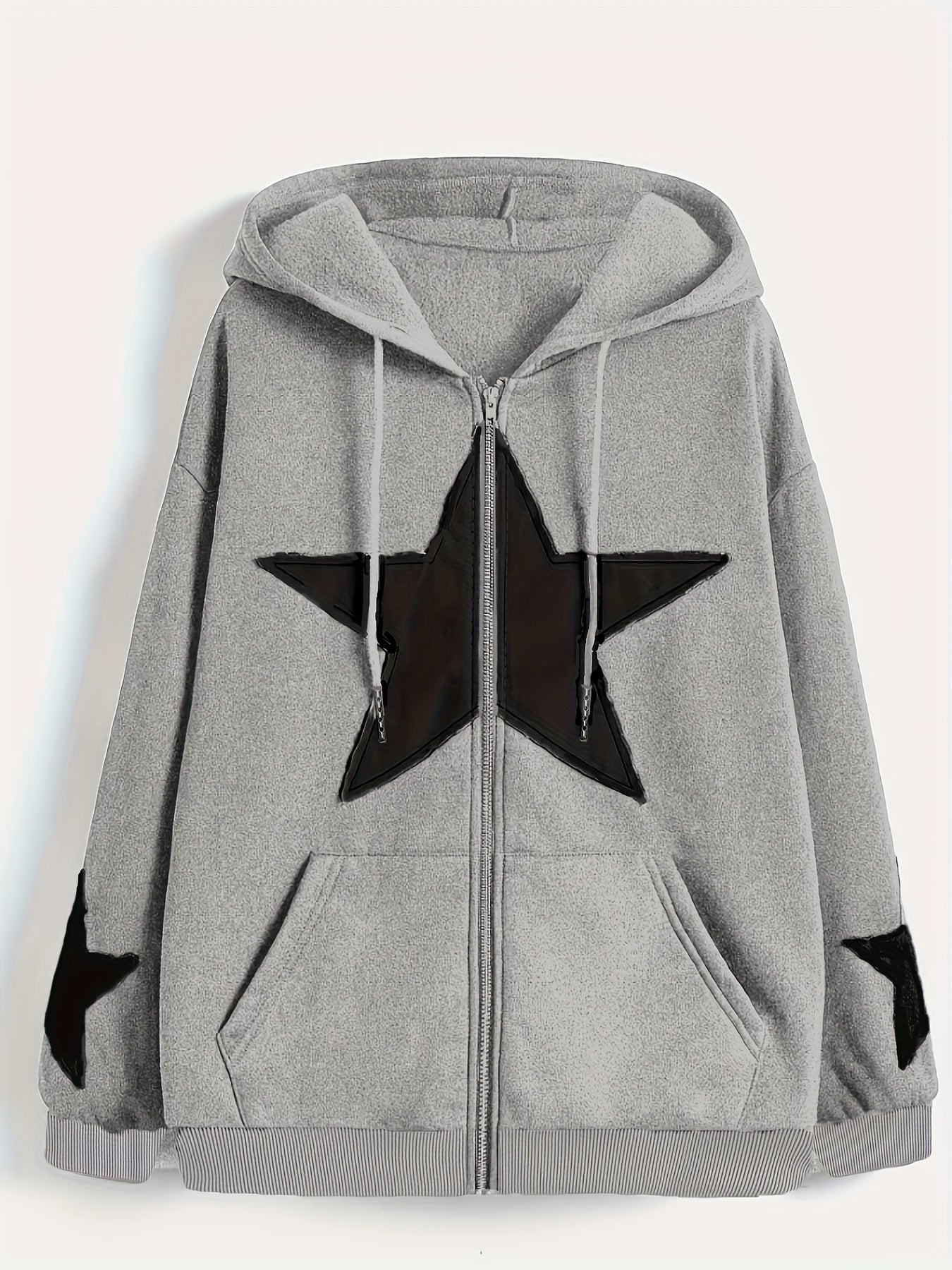 Unisex Kapuzenjacke mit Reißverschluss, Oversize, Stern-Applikationen, Kordelzug, Kängurutaschen