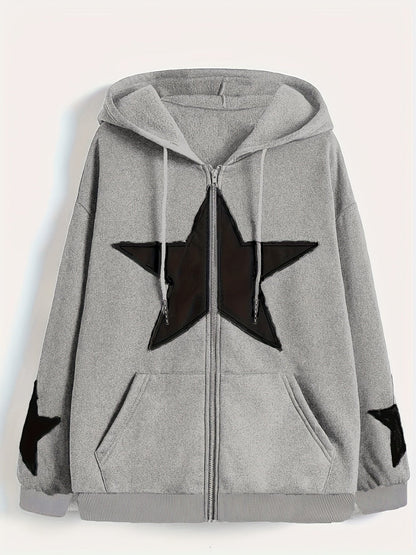 Unisex Kapuzenjacke mit Reißverschluss, Oversize, Stern-Applikationen, Kordelzug, Kängurutaschen