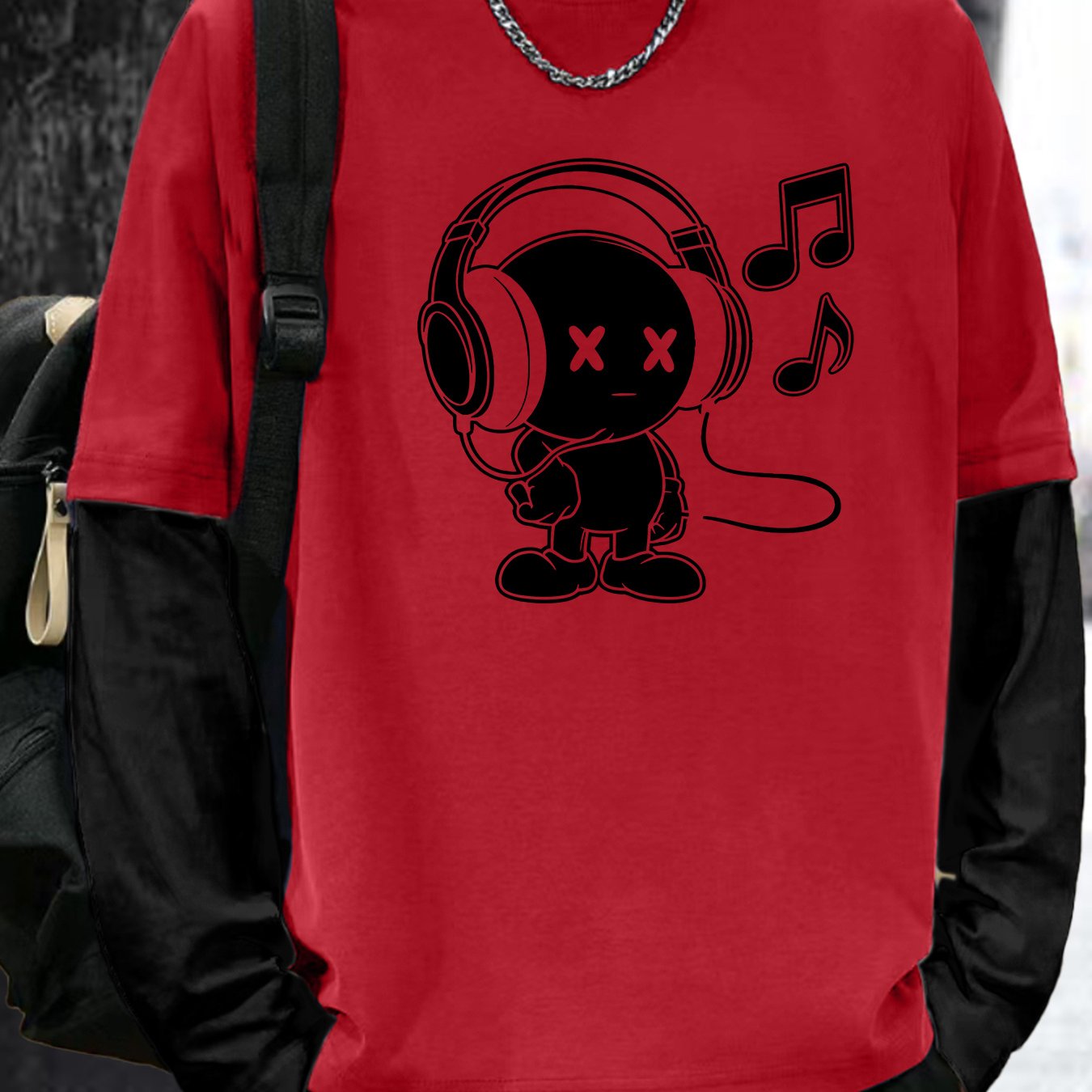 Unisex Langarmshirt mit Cartoon-Kopfhörer-Print in Layer-Optik