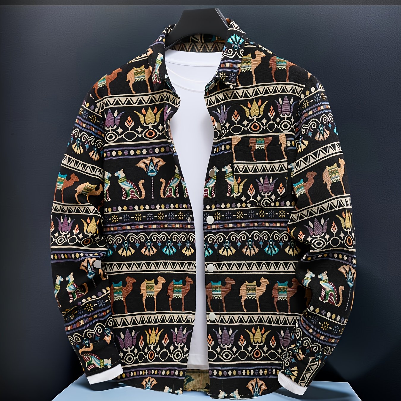 Men's casual long-sleeve shirt, patterned, ethnic print, beige