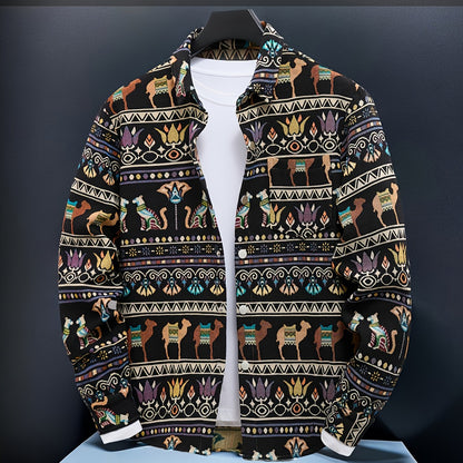 Men's casual long-sleeve shirt, patterned, ethnic print, beige