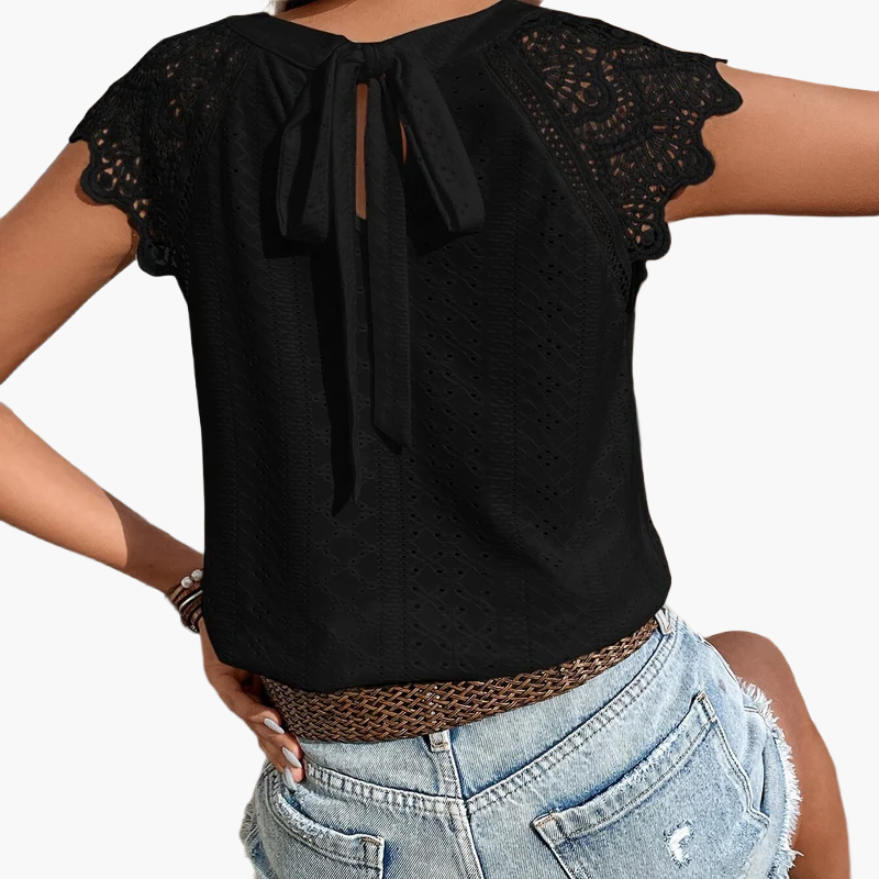 Women's lace blouse with back bow and short sleeves – summer casual boho style