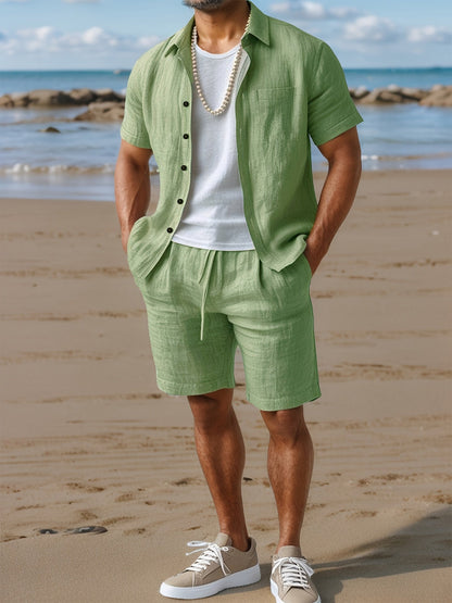 Men's Summer Set Short-Sleeve Shirt & Shorts – Casual Boho Beach Look for Vacation and Leisure