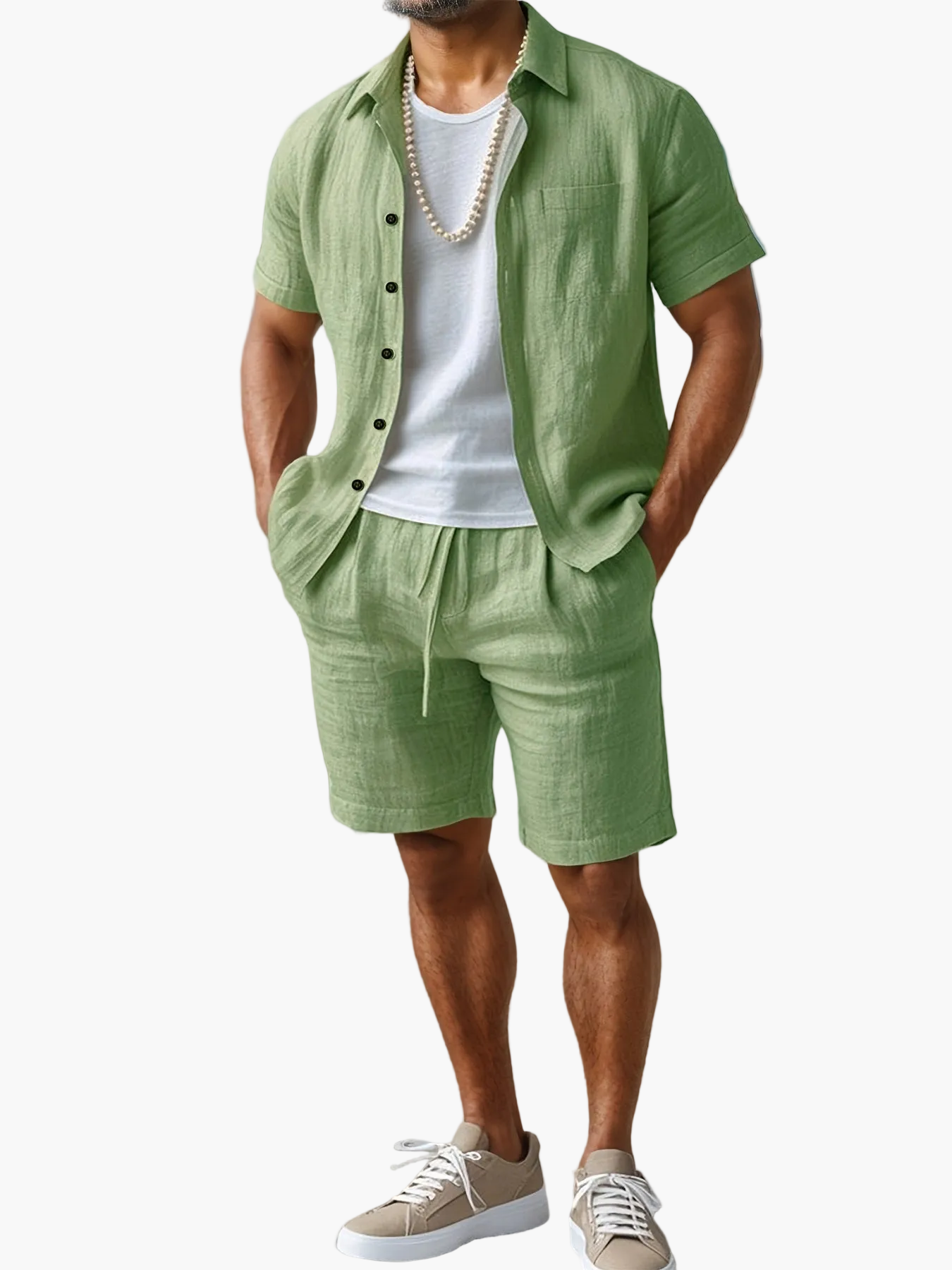 Men's Summer Set Short-Sleeve Shirt & Shorts – Casual Boho Beach Look for Vacation and Leisure