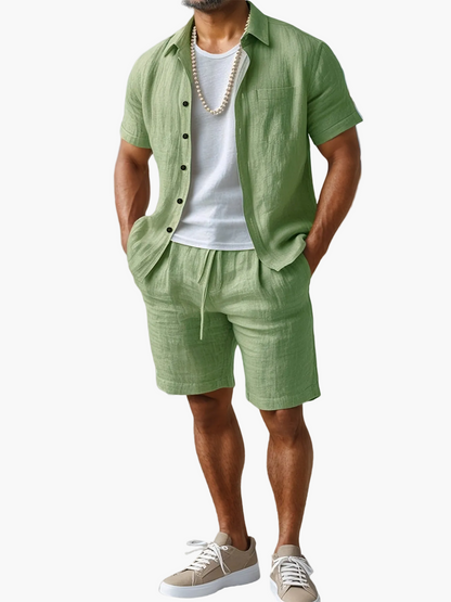Men's Summer Set Short-Sleeve Shirt & Shorts – Casual Boho Beach Look for Vacation and Leisure