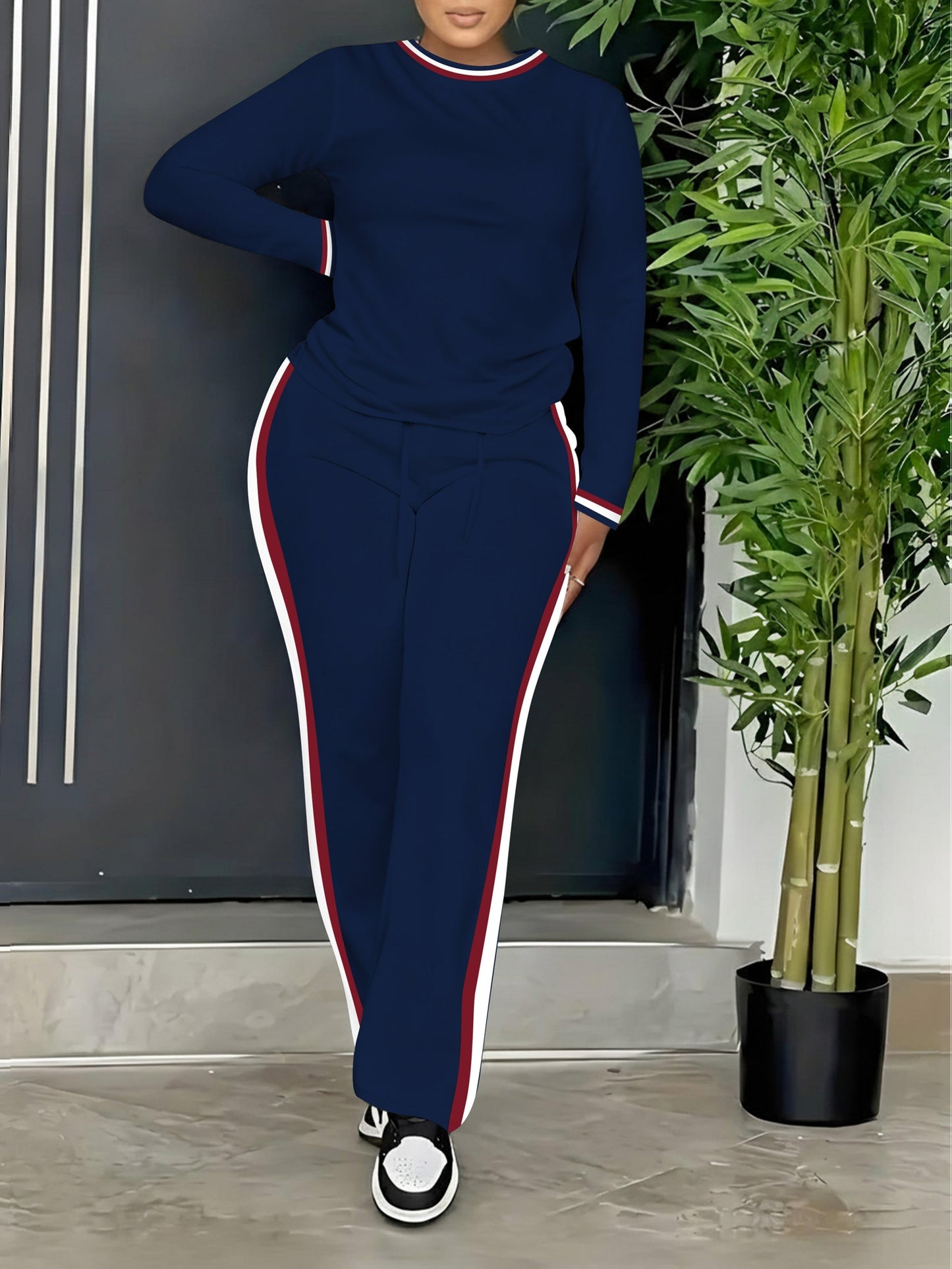 Damen Trainingsanzug Set marineblau Langarm Oberteil Hose Seitenstreifen