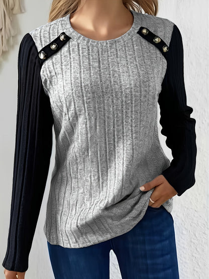 Damen Langarmshirt Gerippt mit Knopfleiste Kontrastärmel Schwarz