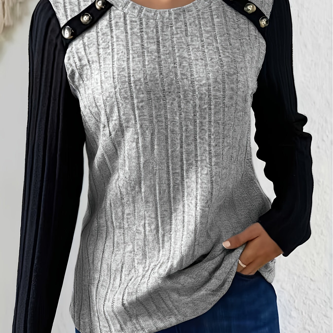 Damen Langarmshirt Gerippt mit Knopfleiste Kontrastärmel Schwarz