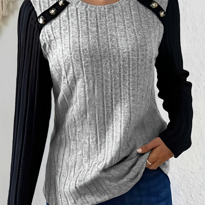 Damen Langarmshirt Gerippt mit Knopfleiste Kontrastärmel Schwarz