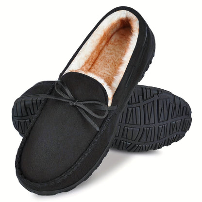Lined men’s moccasin slippers – warm house slippers with a bow