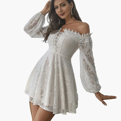 Women's Off-Shoulder Mini Dress Elegant with Lace Sleeves – Perfect for Festive Occasions or Evening Events