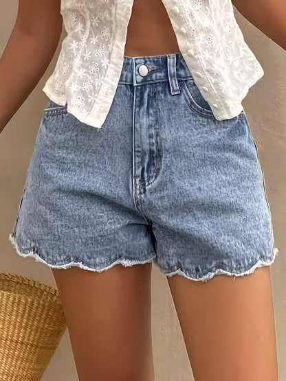 Women's High Waist Denim Shorts with Scalloped Hem in Casual Summer Style