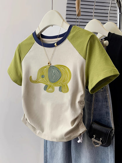 Women's T-shirt with Elephant Print in Y2K Style for Leisure and Everyday Wear
