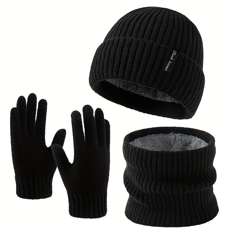 Rib-knit beanie, infinity scarf, and gloves set, black, winter, men’s and women’s