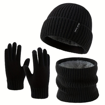 Rib-knit beanie, infinity scarf, and gloves set, black, winter, men’s and women’s