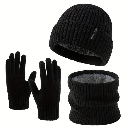 Rib-knit beanie, infinity scarf, and gloves set, black, winter, men’s and women’s
