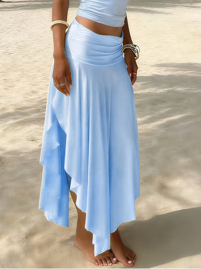 Women's Handkerchief-Hem Maxi Beach Skirt – Elegant Vacation Skirt with Ruffles for Beach & Resort