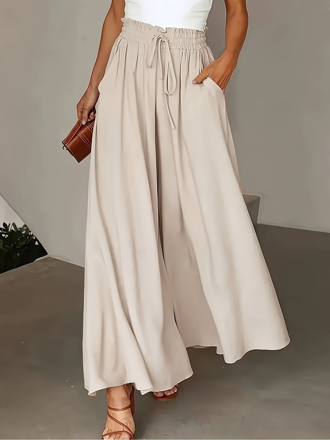 Women's Palazzo Pants with Wide Legs and Paperbag Waist – Elegant High-Waist Style for Casual and Formal Occasions