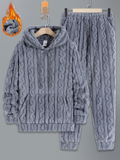Men's cozy cable-knit tracksuit with hoodie and pants, soft & warm