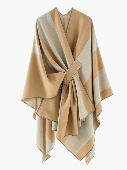 Damen Poncho Zweifarbig Gestreift Weicher Umhang mit V-Ausschnitt