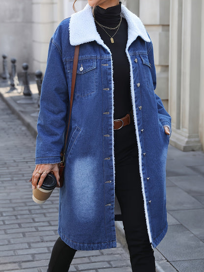 Women's long denim coat with dark blue teddy lining