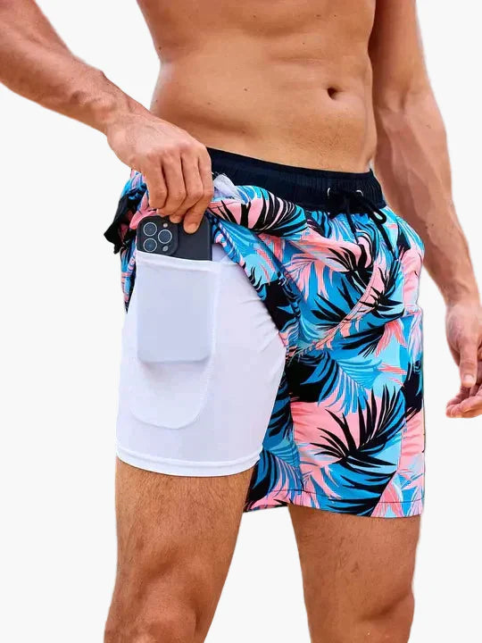 Herren Badeshorts mit Kompressions-Innenshorts – Tropischer Stil für Strand & Sport