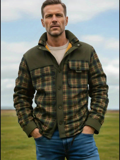 Men’s winter jacket, stand-up collar, checkered, fleece lining, green