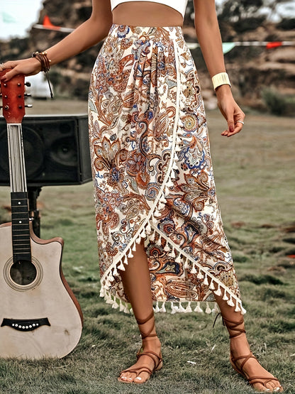 Women's Boho Wrap Midi Skirt with Paisley Pattern and Tassels – Summer Festival Style